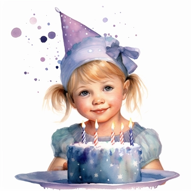 watercolor of a birthday small girl isolated on a white background, detailed ,realistic ,rtx on,textural richness,colorful imagery,digital illustration, clipart,