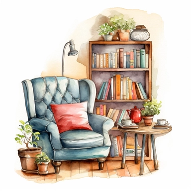 watercolored clipart,a cozy reading corner with a comfortable armchair, a bookshelf and a cup of Coffee