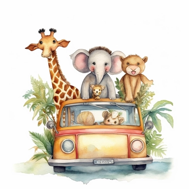 Cute Animal Friends Safari Watercolor clipart on car