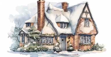Cute English Cottage, snowy, ornamental watercolor clipart