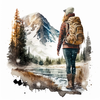 water color girl hiking in Austria between high mountains in winter, there is snow, she is wearing boots and backpack, realistic look, with trees at yellowstone park, clipart, hd, white background