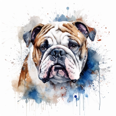 watercolor illustration of a cute English Bulldog dog, watercolor clipart, in the style of 32k uhd, realistic animal portrait, white background, png