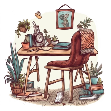 cozy boho desk, inside border clipart