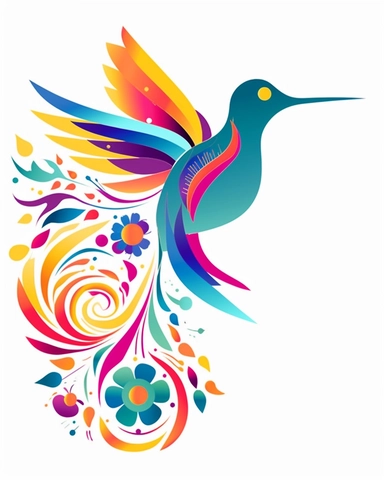 Create a colorful and playful clip art of a hummingbird. Keep the design simple and minimalistic, focusing on capturing the essence of the bird's shape and character. Use bold and vibrant colors to make the hummingbird stand out. Include a small flower or a few scattered petals as a decorative element. Emphasize clean lines and smooth curves to give the clip art a sleek and modern look. Aim for a high-quality, vector-based artwork that can be easily resized and used in various digital and print 