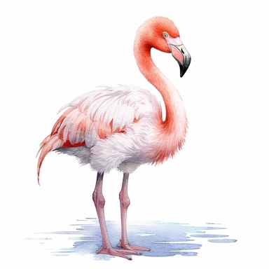 clipart full body friendly watercolour cute little baby flamingo, realistic, detailed, white background, contou