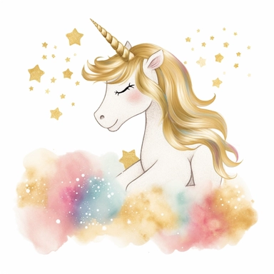 one gold glitter unicorn clipart with a rainbow an fluffy gold clouds,, white background