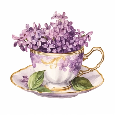 watercolor painting,Purple Lilacs in teacup clipart, beautiful teacup clip art, fancy teacup, delicate little teacup, victorian