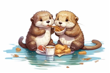 Illustrate an adorable anime-style vector clipart of otters sharing a delicious meal of fish, with their paws holding the food and their eyes filled with satisfaction. Viewed from a content perspective, HD, spaced out, on white background