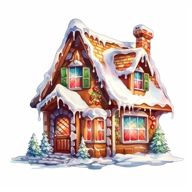 one christmas gingerbread house clip art on a white background, vector, in the style of realistic Watercolor illustrations, fantasy illustration, dark amber and white, uhd image, nature-inspired art nouveau, rtx on, papua new guinea art , no watermark, text, 300 DPI , typography, shapes do not stick together, no text in the picture, on a white background