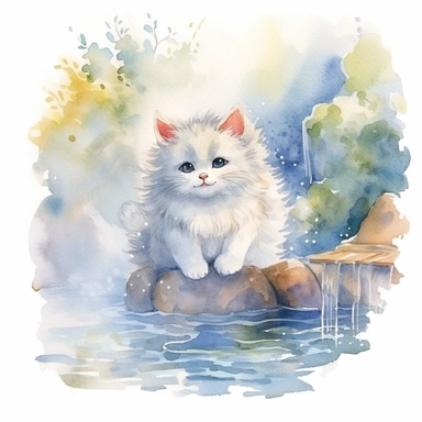 watercolor illustration, kitten smiling with an open mouth and with a towel over the head and enjoying a hot spring, surrounded by gentle steam rising from the onsen water, feeling the pleasant sensation. Small bubbles dance through its fur, creating a mysterious yet beautiful sight. The cat stretches out, gradually unwinding, as the warmth of the onsen melts away the tension in its muscles. It gracefully savors the serene atmosphere and the gentle touch of nature, embracing the tranquility of t