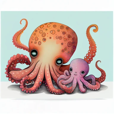 mom and baby octopus, hand draw Illustration clipart, 4K, extremely detailed, detail to every pixel