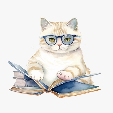 soft watercolor clipart, baby fat cat with sunglasses, book, cute, only white background