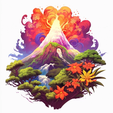 volcano erupting, close up, a sticker, artwork of t shirt graphic of majestic forest, in digital painting style , beautiful flowers, sunset mountains and clouds , big vines, stone temple covered in vines, white background, colorful fantasy flower surround, highly detailed clean, vector image, photorealistic masterpiece, professional photography, realistic, flat white background, isometric, vibrant vector, clipart, illustration, realism, 4k, , cinematic, front view, white background, paradise, ex