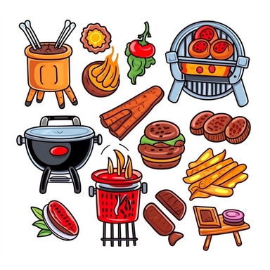 barbecue clipart, simple flat few color drawing, planner sticker, white background