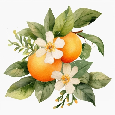 This highly detailed watercolor clipart features a captivating orange fruit surrounded by delicate leaves and blossoms in the background. The artwork exudes a serene and natural ambiance with its neutral color palette, presented against a clean white backdrop. The orange is meticulously rendered, showcasing its textured peel and vibrant hue, while the surrounding leaves and blossoms add a touch of botanical elegance. The watercolor technique adds depth and realism to the clipart, creating a visu