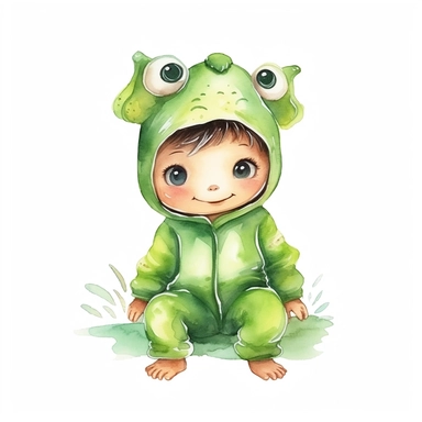 cute kid wearing Frog costumes and with happy face,front facing on isolated background,with happy face and expression,Animal Sublimation Clipart,no splash watercolor,white background, ultra detailed clipart, cut out image, colorful watercolor realistic, cartoon style, ultra HD, sharp and clean art