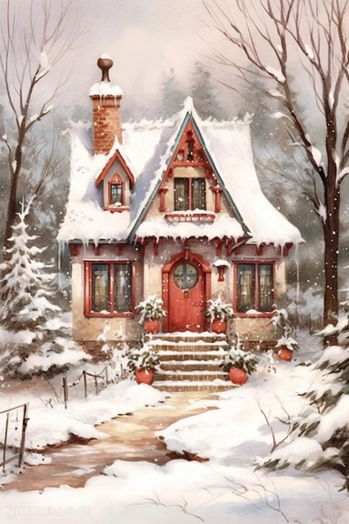 stunning red fairytale Christmas cottage in snow , beautiful Christmas clipart, soft faded colors, beautiful watercolor art by Marjolein Bastin, Thomas Kinkade, Carl Larsson, Norman Rockwell, Susan Wheeler