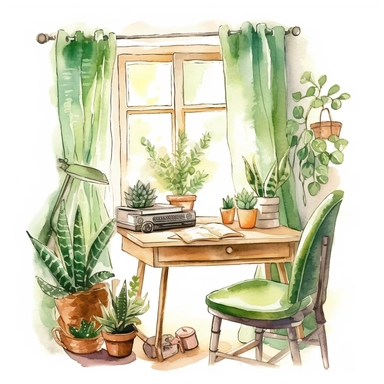 A boho style home working corner with watercolor effect, boho style tools, boho style big window, , boho style details, boho colors, suitable for digital clipart, white background, boho style green plants, boho flowers