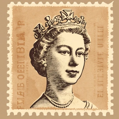 Postage stamp clipart of [Queen Elizabeth], paper, clean crisp minimilistic illustration, beige colors