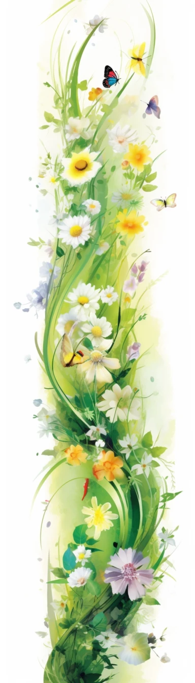 clipart — flora and fauna royalty illustration image, watercolor, sprout, chit, green 20%, in the style of abstraction, white background, Asian dragons, colorful curves, 32k uhd, chalk, symmetrical, asymmetry, landscape, Spring flowers, spring grass, flying birds, vertical format