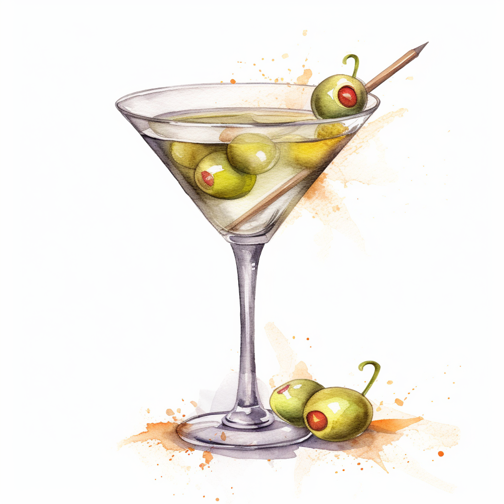 hand drawn dirty martini, with 3 olives, very detailed and realistic ...