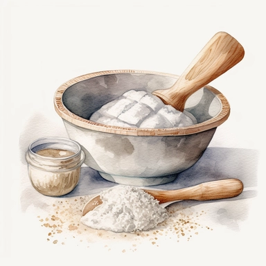 watercolor, hyper realistic, white background, white margins, 16k, ultra detailed clipart, cut out image, hand-drawn, whimsical A dough scraper and a bowl of dough in shades of light grey.