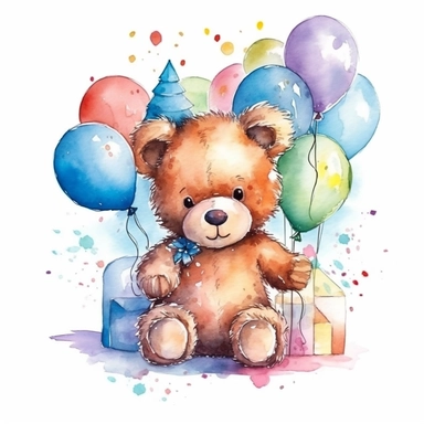 A festive teddy bear celebrating a birthday, surrounded by balloons, confetti, and a colorful party background watercolor art style clip art