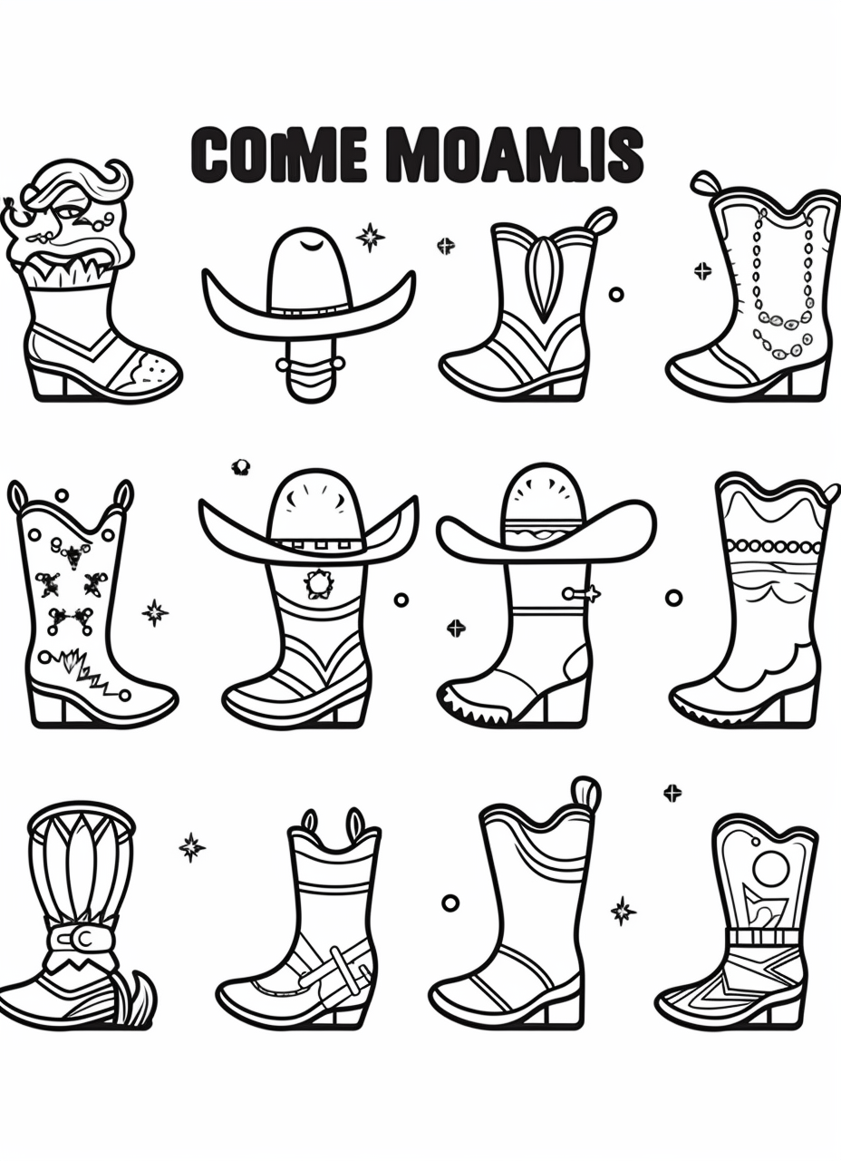 cowboy boot, coloring pages for kids, clipart set single elements with