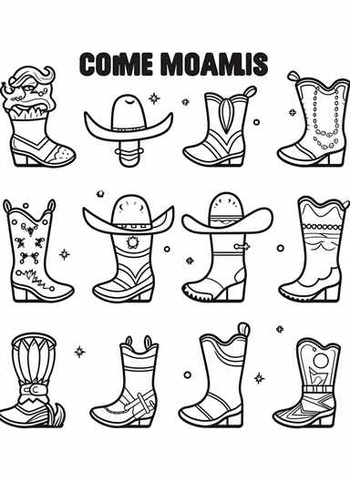 cowboy boot, coloring pages for kids, clipart set single elements with margin, full body, Kawaii, Chibi, black and white coloring book for kids toddlers, flat vector, simple line drawing, thick lines, very low detail