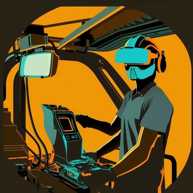 excavator cockpit, worker wearing vr headset, virtual reality hmd, poster, simplistic, abstract, vector, 2d illustration, clipart, few colors