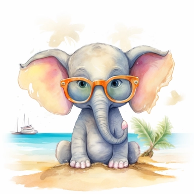 Create a watercolor illustration clipart of a playful cute Baby Elephant Wearing sunglasses on the beach, with its full body visible. Use soft, flowing brushstrokes and a warm, inviting color palette to create an image that is both charming and whimsical. Incorporate intricate details like the motion of Baby Elephant Wearing sunglasses on the beach to create a lifelike, realistic image. Can add other elements to the illustration like related item to play to create playful scene. Use white backgr