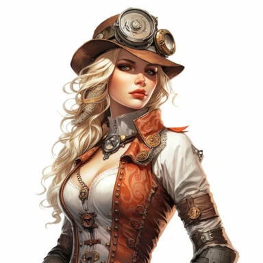 Solid white background. Waist-up depiction of a stoic steampunk lady, her intense gaze and firm smile reflecting a strong will. Her fair skin and platinum-blonde hair highlight her iron and copper attire, a stunning blend of Victorian sophistication and industrial steampunk. Instead of a hat, she wears a headband adorned with miniature gears. The background lacks any steampunk elements. Pastel clipart, hyper-realistic, retro-futurism, solid white background