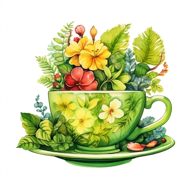 colorful tea cup garden in a green colored teacup, watercolor clipart, very detailed, Cartoon,hyper realistic, intricate detail, illustration style,high solution,on the white background