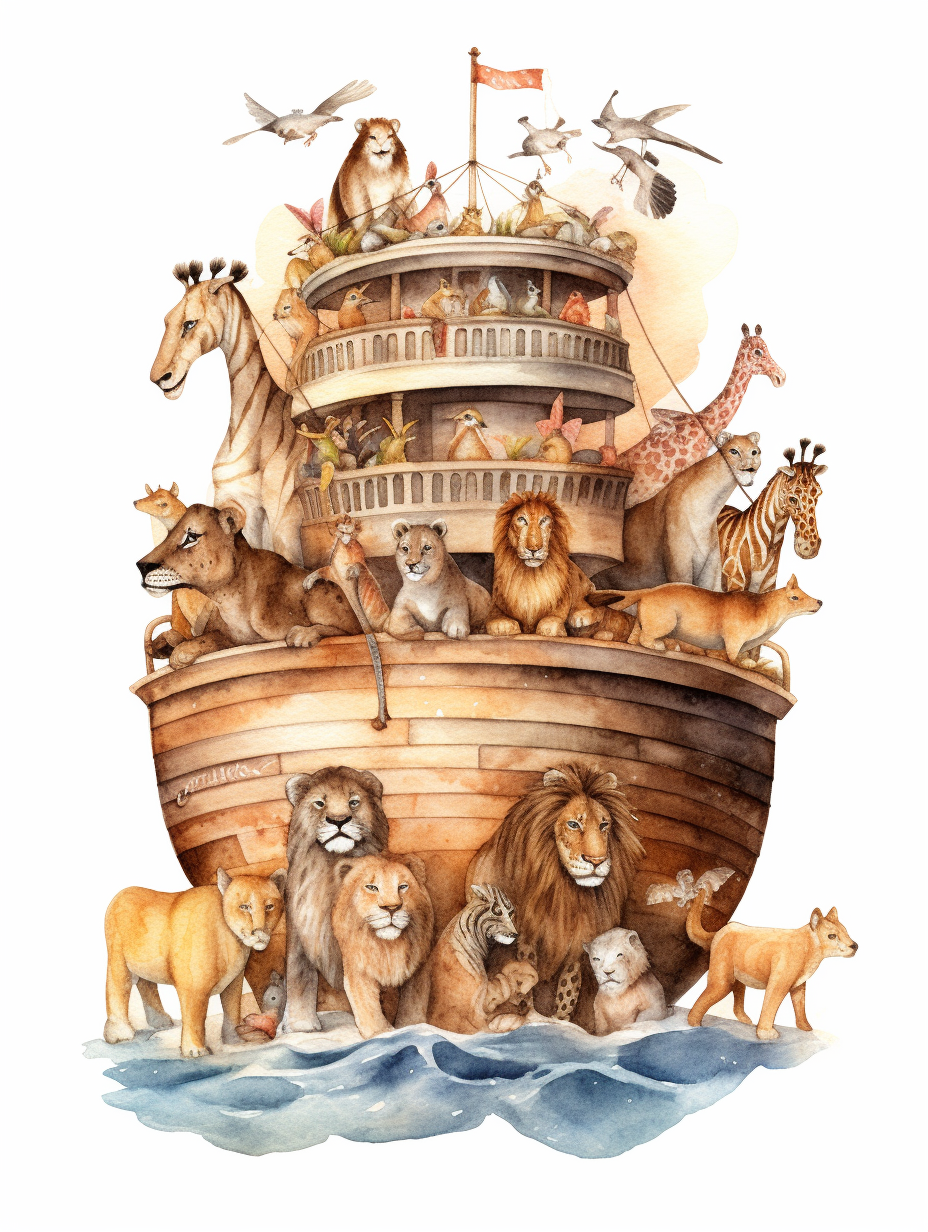 noah's ark filled with tigers, lions, giraffes, watercolor clipart ...