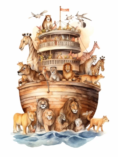 noah's ark filled with tigers, lions, giraffes, watercolor clipart, isolated subject, HD