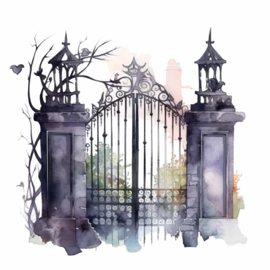 spooky cemetery iron gate, watercolor png clipart on a white background