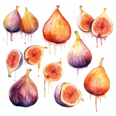Watercolor clipart of Figs in the style of ethereal watercolor washes, intuitive ink washes, multi-layered, orange, lith printing, havencore, texture-based, spatter, isolated on white background