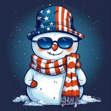 Super cute, American flag with snowman scarf and sunglasses Sublimation Clipart, Cartoon funny, Cute anime, Very detailed, firework blue background