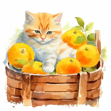 Watercolor british shorthair kitten peacfully sleeping in a laundry basket clipart, ragdoll breed, surrounded by oranges and orange leaf and branches, couple of oranges, high detail oranges, high quality drawing, high quality, body visible, summer colors, hairs are visible, variety of kitten type, summer day theme, valentines day theme, full body kitten, crawling in basket, peacefull fealing, childlike innocence and charm, peacefully sleeping cat, shy kitten, oh my god I wanna hug it, Oh my god 
