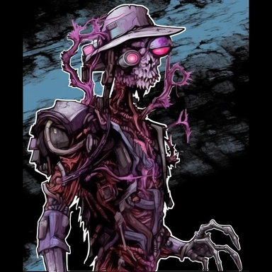 with a cowboy hat on in a hand drawn style, clip art, side shot, in the style of whimsical cyborgs, light purple and dark crimson, nightmarish visions, knightcore, twisted branches, rtx on, ernest meissonier,