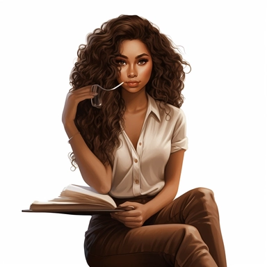 ethnic, curly dark brown hair, caramel skin tone, full lips, almond shaped eyes, silk blouse, sitting down, reading a book, cafe setting, white background, clipart