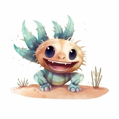 a baby scorpion with cute big eyes, happy smiling face, cute animal, adorable, playful atitude, adorable watercolor animal clipart with a few cactus and sand decor, no background, high quality