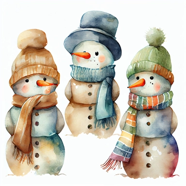 view from the front: watercolor Christmas snowman clipart collection in vintage winter style, set of three snowmen wearing different color hats and scarves comma, isolated background