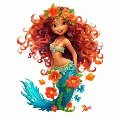 A beautiful smiling mermaid, highly detailed, long hair, beautiful flowers and coral, highly detailed tail, full body image, pixar style, clipart