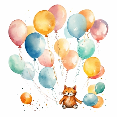 flying cat tied to a balloon clipart, balloons lined up side by side clipart , party balloons clipart, birthday party centerpiece, watercolor clipart