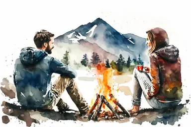 watercolor and pencil, camping, happy couple is sitting on opposite side of the camp fire and looking at each other, beautiful mountain behind, white background, isolated clipart, vibrant colors