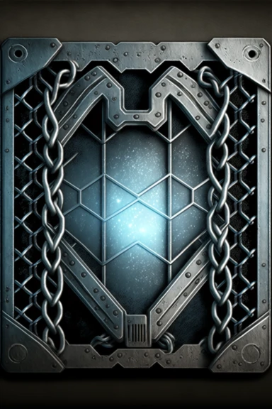 grungy metallic Flat coloured card design of a symmetric thick silver chain link icon cardback , cartoony clipart card design, Logo, glowing Gundam visor magic spell icon, little-flat Graphic Design , grey metal grid background