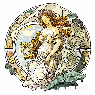 Illustration in boho style, clipart, sublimation drawing The alien is the heroine of the painting The Birth of Venus by Sandro Botticelli. Bright colorful colors. White empty background, high quality 8k, quality detail