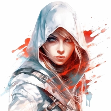 beautiful stunning pretty young woman as assassin creed character, paint art style, clipart, white background, superrealistic, one of a kind