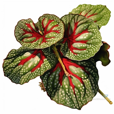 Clipart, Polka Dot Begonia's, Plantae, Tracheophytes Raddi, is a tropical plant native to southeast Brazil. It has green oblong leaves in shaped of angel wing, in a vibrant olive green color, deep red purple undersides of leaves and polka dot finishes on top. It has silver spots on its surface and a crimson reddish underside
